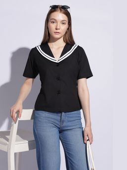 Maba India - Noir Sailor Collar Contrast Trim Top