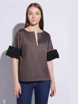 Maba India - Gunmetal Contrast Cuff Cotton Sateen Top