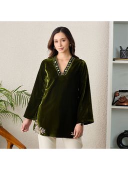 First Resort by Ramola Bachchan - Women Velvet Embroidered Olive Top