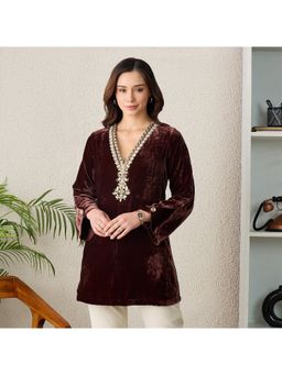 First Resort by Ramola Bachchan - Women Velvet Embroidered Brown Top