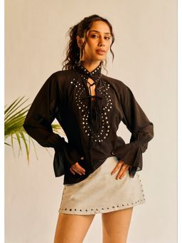 Lea Clothing - Black Noire Sheer Studded Tie-Up Top