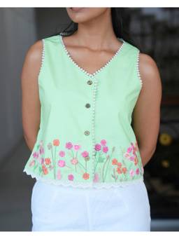 Rasra Mai - Priyaa Green Hand-Embroidered Top