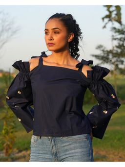 Rasra Mai - Adete Navy Blue Hand-Embroidered Top