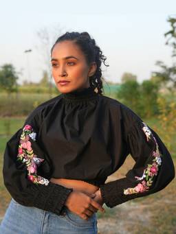Rasra Mai - Tashi Black Hand-Embroidered Crop Top