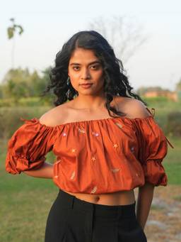Rasra Mai - Llainaa Brown Hand-Embroidered Crop Top
