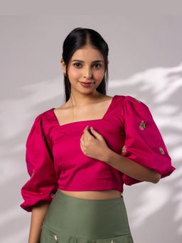 Rasra Mai - Dia Pink Hand-Embroidered Crop Top
