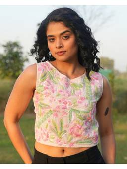 Rasra Mai - Adhiraa Pink Hand-Embroidered Crop Top