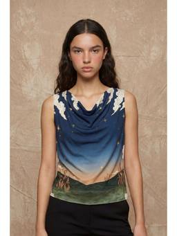 No Grey Area - Tree Of Life Navy Blue Cowl Top