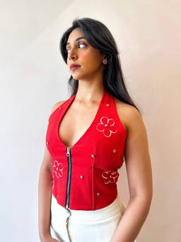 RISING AMONG - Women Red Polka Plunge Halter Top