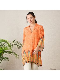 First Resort by Ramola Bachchan - Women Tangerine Paisley Printed Crystal Embellished Tunics