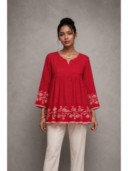 Sutra Art of Clothing - Red Scarlet Handwoven Pure Cotton Jamdani Top
