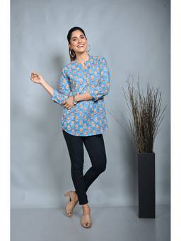 EARTHWEAR - Turquoise Block Printed Pleated Top