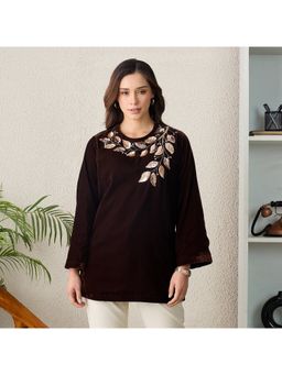 First Resort by Ramola Bachchan - Women Velvet Embroidered Brown Top