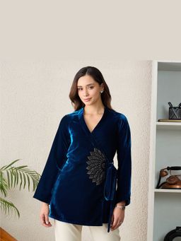 First Resort by Ramola Bachchan - Women Velvet Solid Blue Top