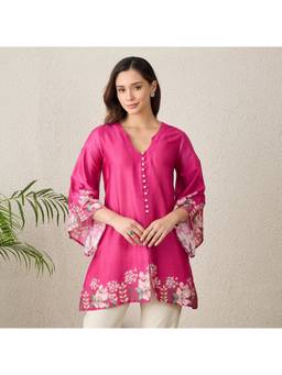 First Resort by Ramola Bachchan - Women Chanderi Floral Pink Top