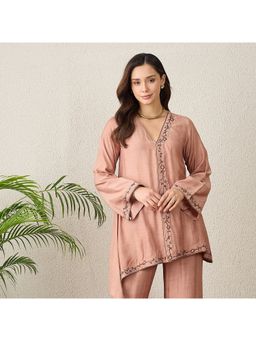 First Resort by Ramola Bachchan - Women Muslin Embroidered Pink Top