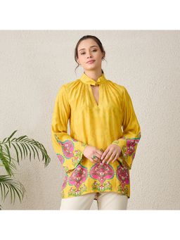 First Resort by Ramola Bachchan - Women Muslin Printed Yellow Top
