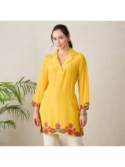 First Resort by Ramola Bachchan - Women Viscose Printed Yellow Top