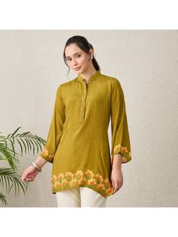 First Resort by Ramola Bachchan - Women Viscose Floral Olive Top