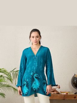 First Resort by Ramola Bachchan - Women Viscose Printed Teal Top