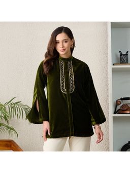 First Resort by Ramola Bachchan - Women Velvet Solid Green Top