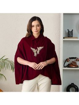First Resort by Ramola Bachchan - Women Velvet Embroidered Maroon Top