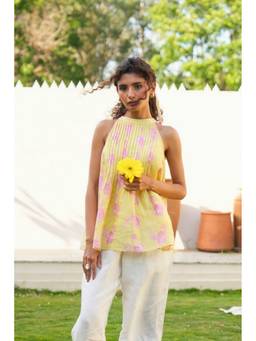 Zebein - Women Yellow Linen Printed Pin Tuck Top