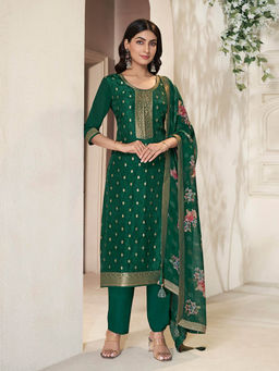 Seerat - Green Jacquard Silk Straight Kurta with Pant and Dupatta (Set of 3)
