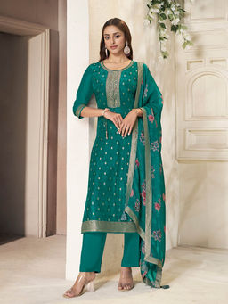 Seerat - Sea Green Jacquard Silk Straight Kurta with Pant and Dupatta (Set of 3)