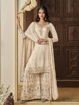 Seerat - Off White Chinon Embroidered Kurta with Sharara and Dupatta (Set of 3)