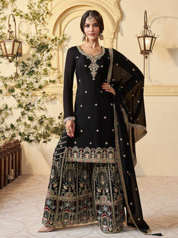 Seerat - Black Chinon Embroidered Kurta with Sharara and Dupatta (Set of 3)