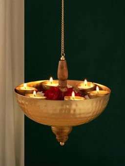 DecorTwist - Golden Metal & Wooden Hanging With 6 Diyas