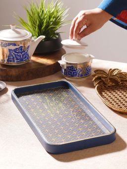Pure Home + Living - Blue Printed Glass Rectangle Faux Leather Tray