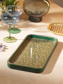 Pure Home + Living - Green Printed Glass Rectangle Faux Leather Tray