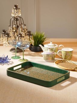 Pure Home + Living - Green Printed Glass Rectangle Faux Leather Tray