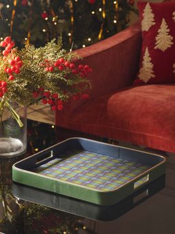 Pure Home + Living - Green Plaid Faux Leather Square Serving Tray