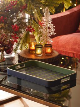Pure Home + Living - Blue Plaid Faux Leather Rectangular Serving Tray