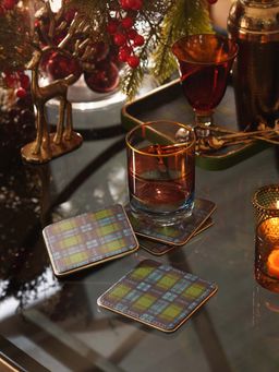 Pure Home + Living - Green Blue Plaid Faux Leather Coasters (Pack Of 4)