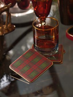 Pure Home + Living - Red Green Plaid Faux Leather Coasters (Pack Of 4)