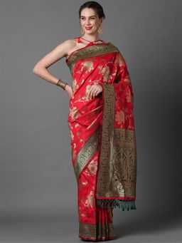 Odette - Red Festive Silk Blend Woven Design Saree with Unstitched Blouse