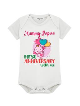 Arvesa - Mummy Papa First Anniversary With Me Printed Onesies - White