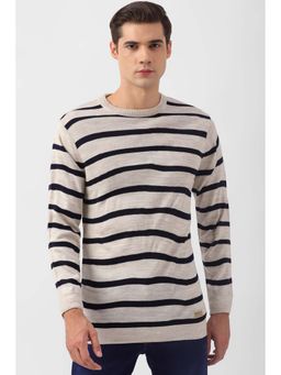Peter England - Beige Stripes Round Neck Sweater