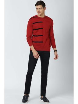 Peter England - Red Stripes Round Neck Sweater