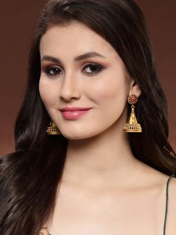 PANASH - Gold Plated Red Stone Studded Dome Shaped Jhumka Earrings