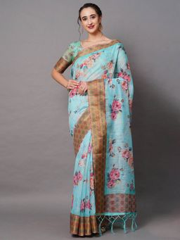 Odette - Blue Festive Linen Blend Printed Saree with Unstitched Blouse