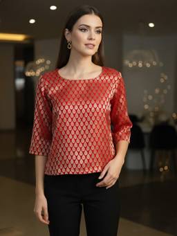 Qurvii - Red Brocade Woven Top