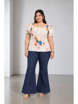 Beyond the Curve - VIRGIO - Off White Abstract Viscose Elasticated Peplum Plus Size Top