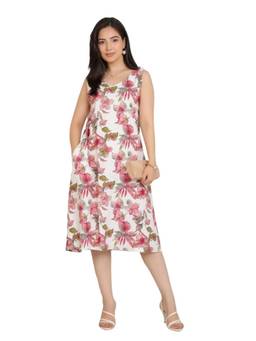 MLADA - White Rayon Floral Printed A Line Dress