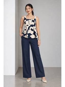 Virgio - Cream Printed Poplin Slub Peplum Top