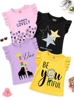 Kuchipoo - Girls Regular Fit Frill Sleeves Cotton Tops (Pack Of 4)